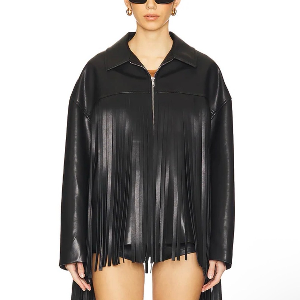 Camila Coelho Black Leather Fringe Jacket